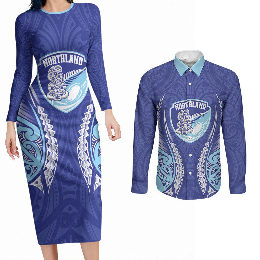 Northland 2026 Rugby Custom Couples Matching Long Sleeve Bodycon Dress and Long Sleeve Button Shirt NZ Maori Silver Fern LT14 Blue - Polynesian Pride
