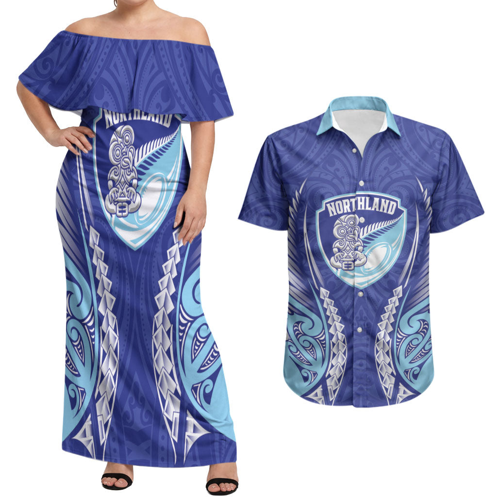 Northland 2026 Rugby Custom Couples Matching Off Shoulder Maxi Dress and Hawaiian Shirt NZ Maori Silver Fern LT14 Blue - Polynesian Pride