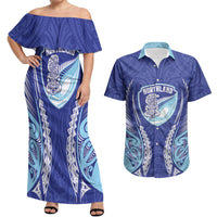 Northland 2026 Rugby Custom Couples Matching Off Shoulder Maxi Dress and Hawaiian Shirt NZ Maori Silver Fern LT14 Blue - Polynesian Pride