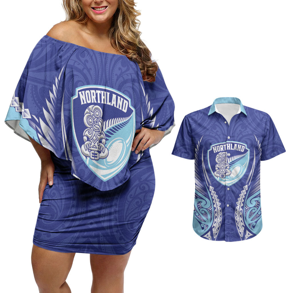 Northland 2026 Rugby Custom Couples Matching Off Shoulder Short Dress and Hawaiian Shirt NZ Maori Silver Fern LT14 Blue - Polynesian Pride