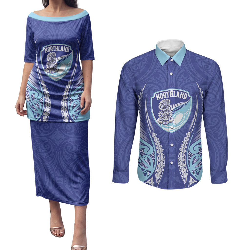 Northland 2026 Rugby Custom Couples Matching Puletasi and Long Sleeve Button Shirt NZ Maori Silver Fern LT14 Blue - Polynesian Pride