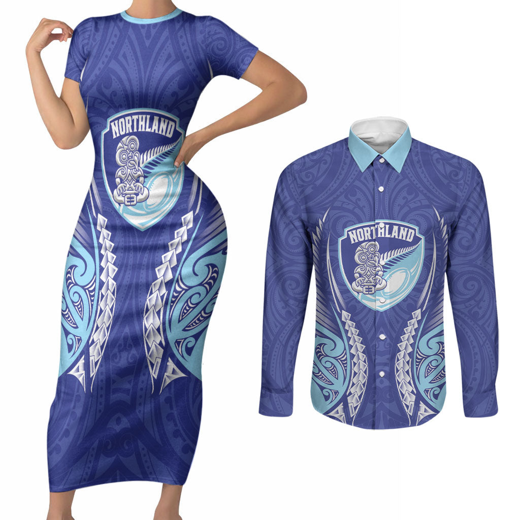 Northland 2026 Rugby Custom Couples Matching Short Sleeve Bodycon Dress and Long Sleeve Button Shirt NZ Maori Silver Fern LT14 Blue - Polynesian Pride