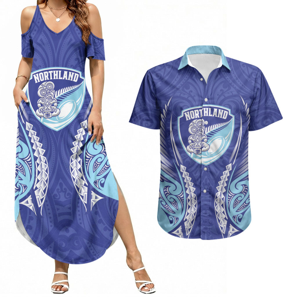 Northland 2026 Rugby Custom Couples Matching Summer Maxi Dress and Hawaiian Shirt NZ Maori Silver Fern LT14 Blue - Polynesian Pride