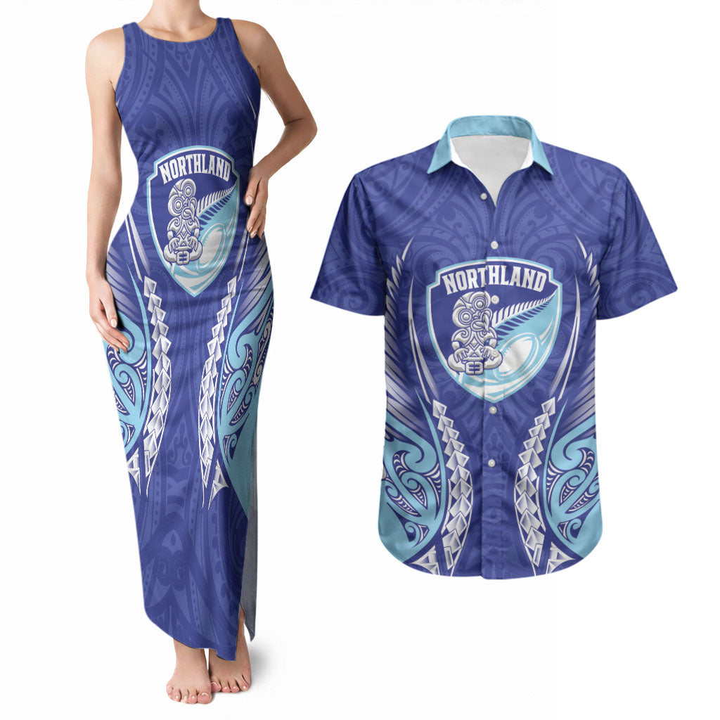 Northland 2026 Rugby Custom Couples Matching Tank Maxi Dress and Hawaiian Shirt NZ Maori Silver Fern LT14 Blue - Polynesian Pride