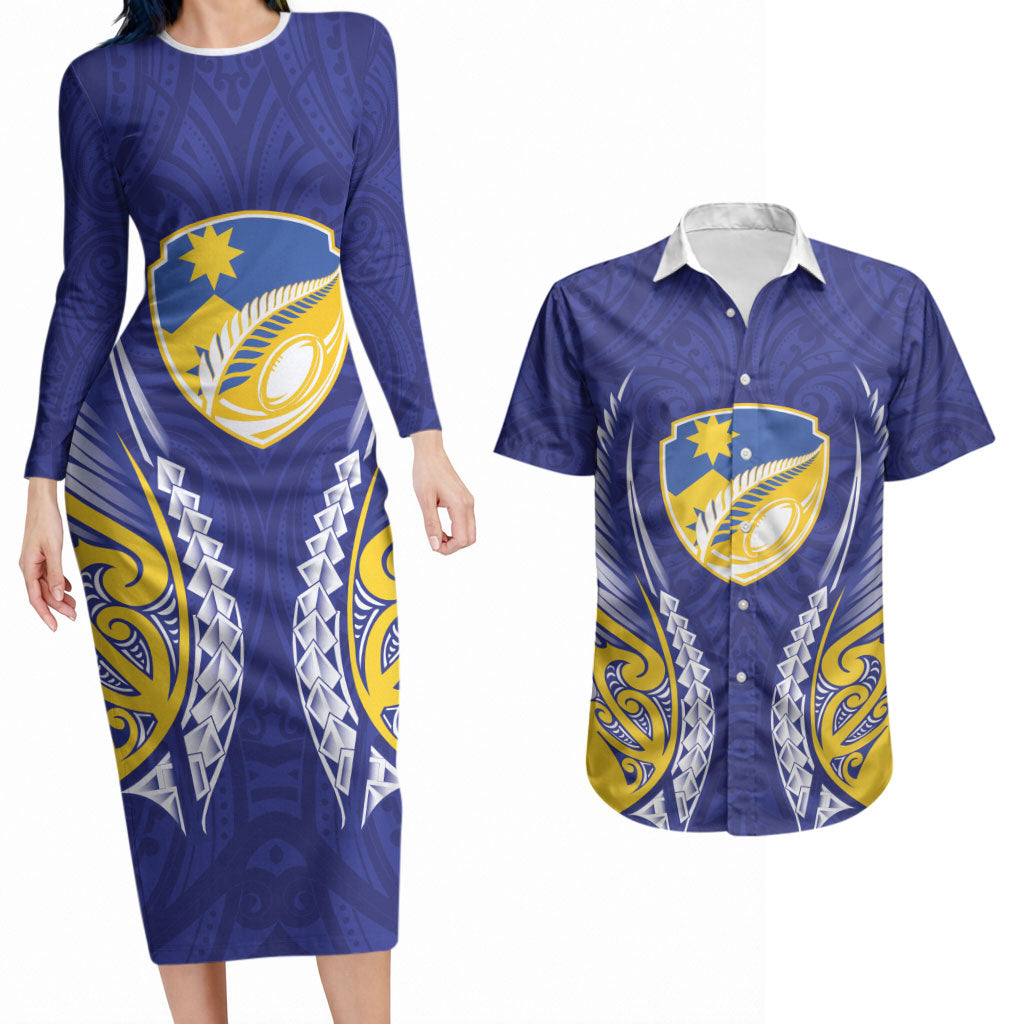 Otago 2026 Rugby Custom Couples Matching Long Sleeve Bodycon Dress and Hawaiian Shirt NZ Maori Silver Fern LT14 Blue - Polynesian Pride