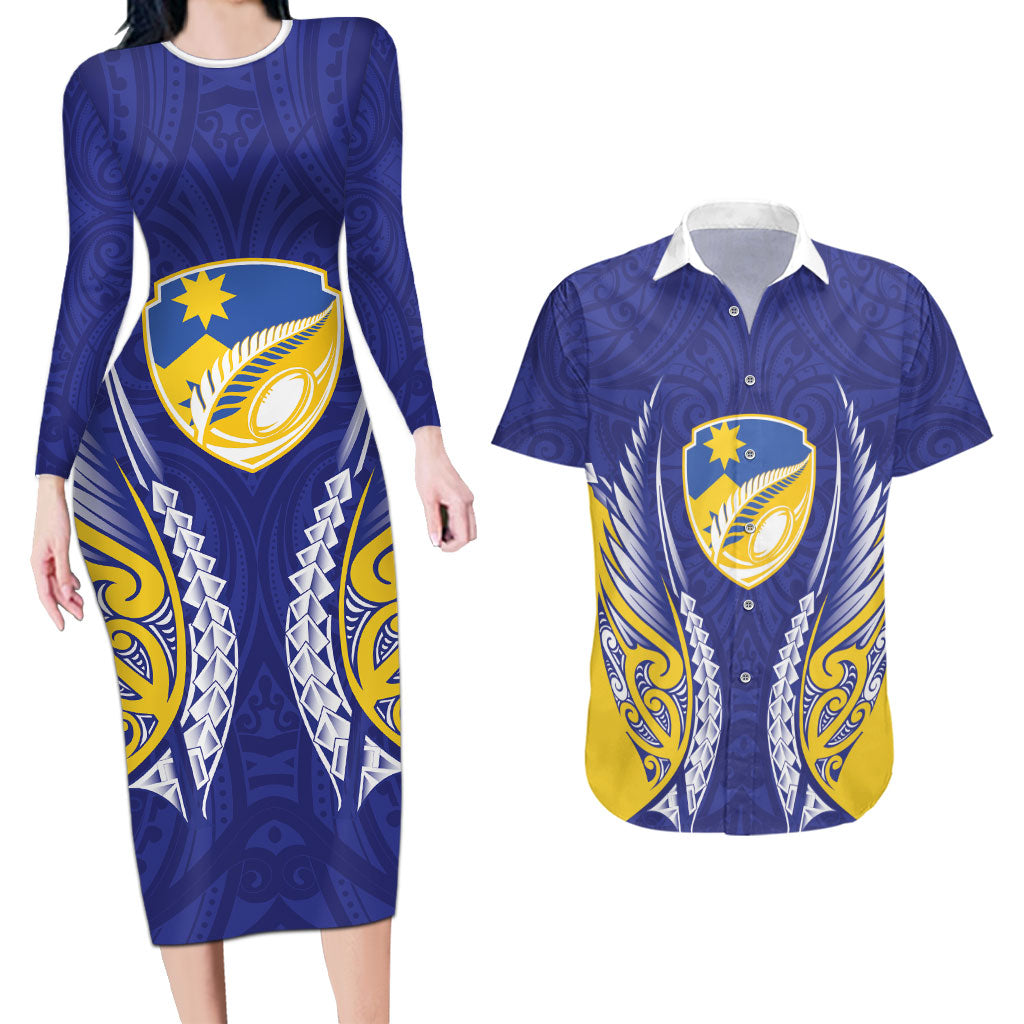 Otago 2026 Rugby Custom Couples Matching Long Sleeve Bodycon Dress and Hawaiian Shirt NZ Maori Silver Fern LT14 Blue - Polynesian Pride