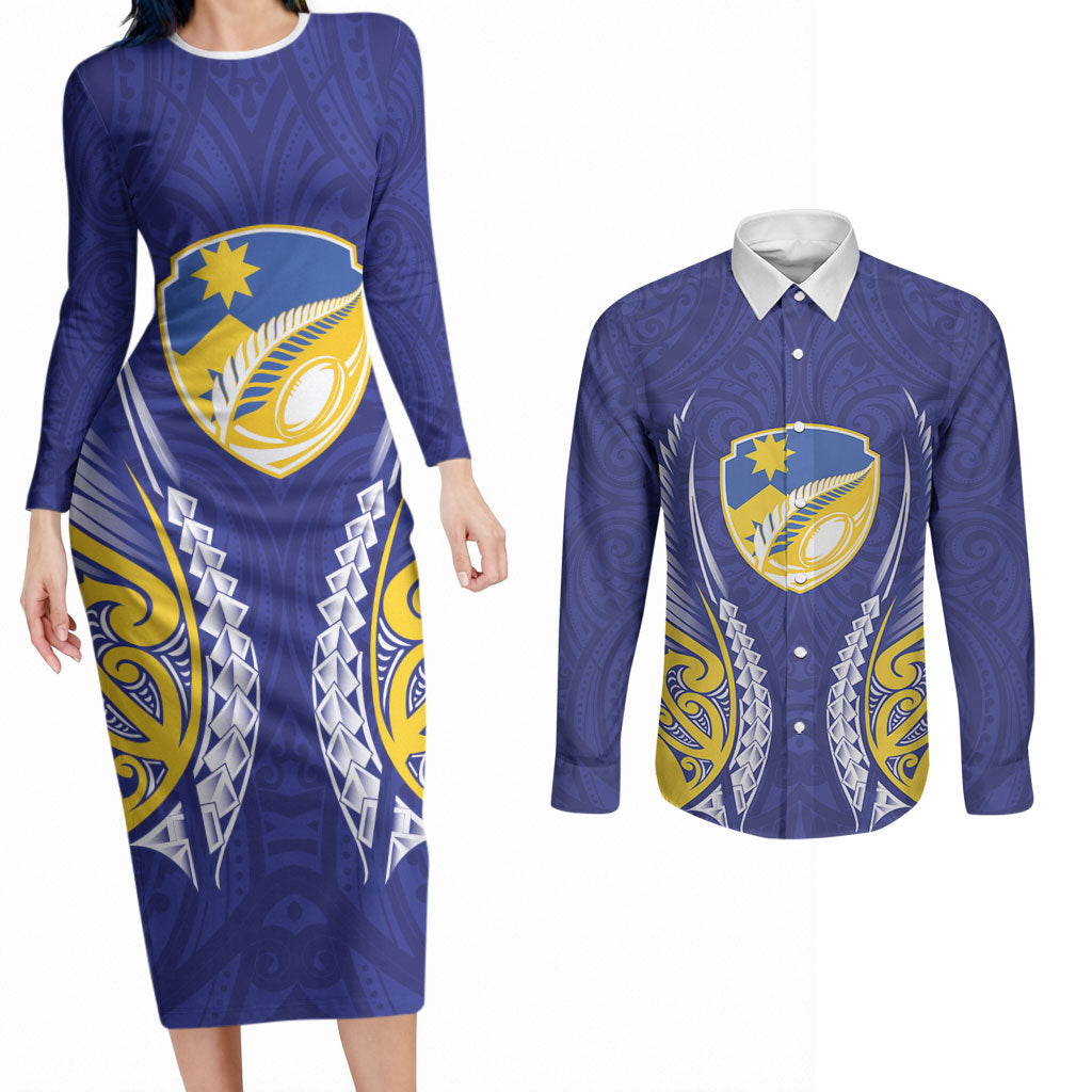 Otago 2026 Rugby Custom Couples Matching Long Sleeve Bodycon Dress and Long Sleeve Button Shirt NZ Maori Silver Fern LT14 Blue - Polynesian Pride