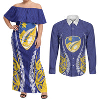Otago 2026 Rugby Custom Couples Matching Off Shoulder Maxi Dress and Long Sleeve Button Shirt NZ Maori Silver Fern LT14 Blue - Polynesian Pride