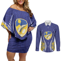 Otago 2026 Rugby Custom Couples Matching Off Shoulder Short Dress and Long Sleeve Button Shirt NZ Maori Silver Fern LT14 Blue - Polynesian Pride