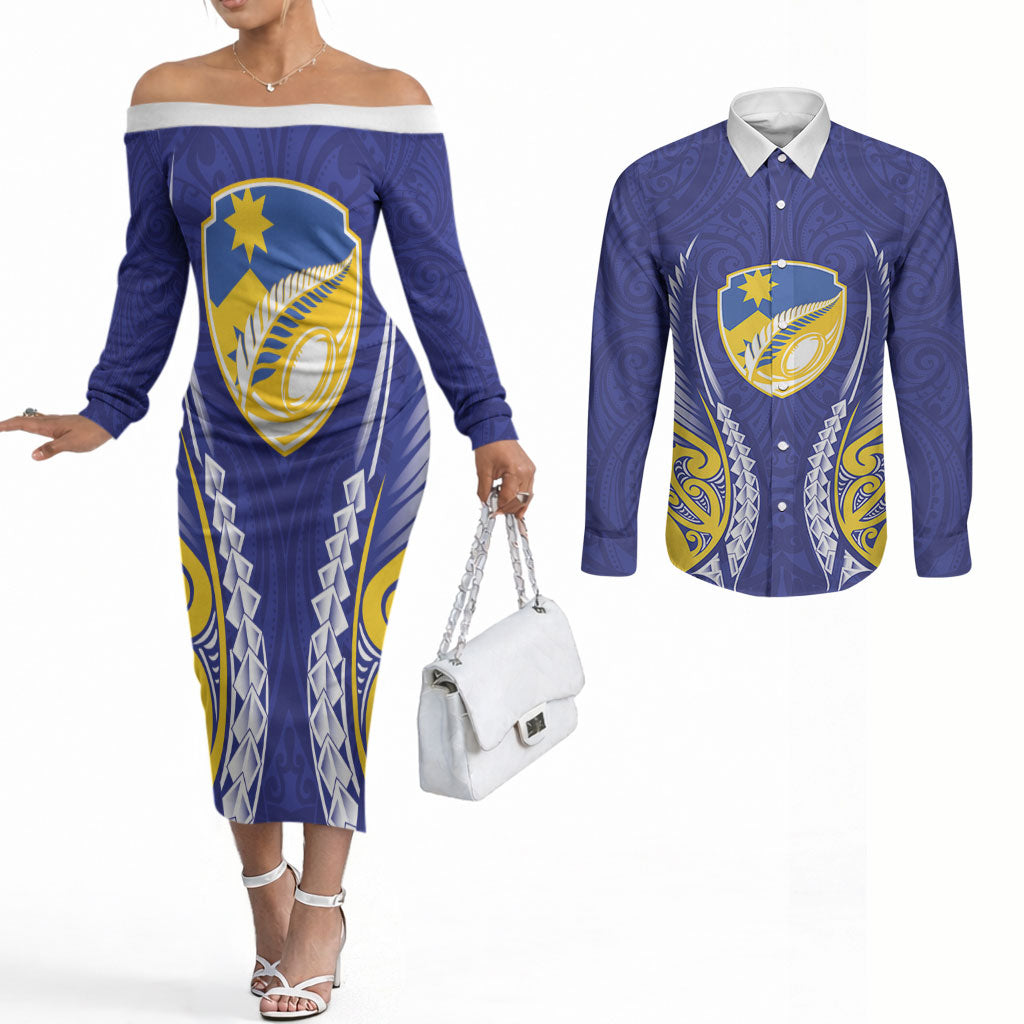 Otago 2026 Rugby Custom Couples Matching Off The Shoulder Long Sleeve Dress and Long Sleeve Button Shirt NZ Maori Silver Fern LT14 Blue - Polynesian Pride