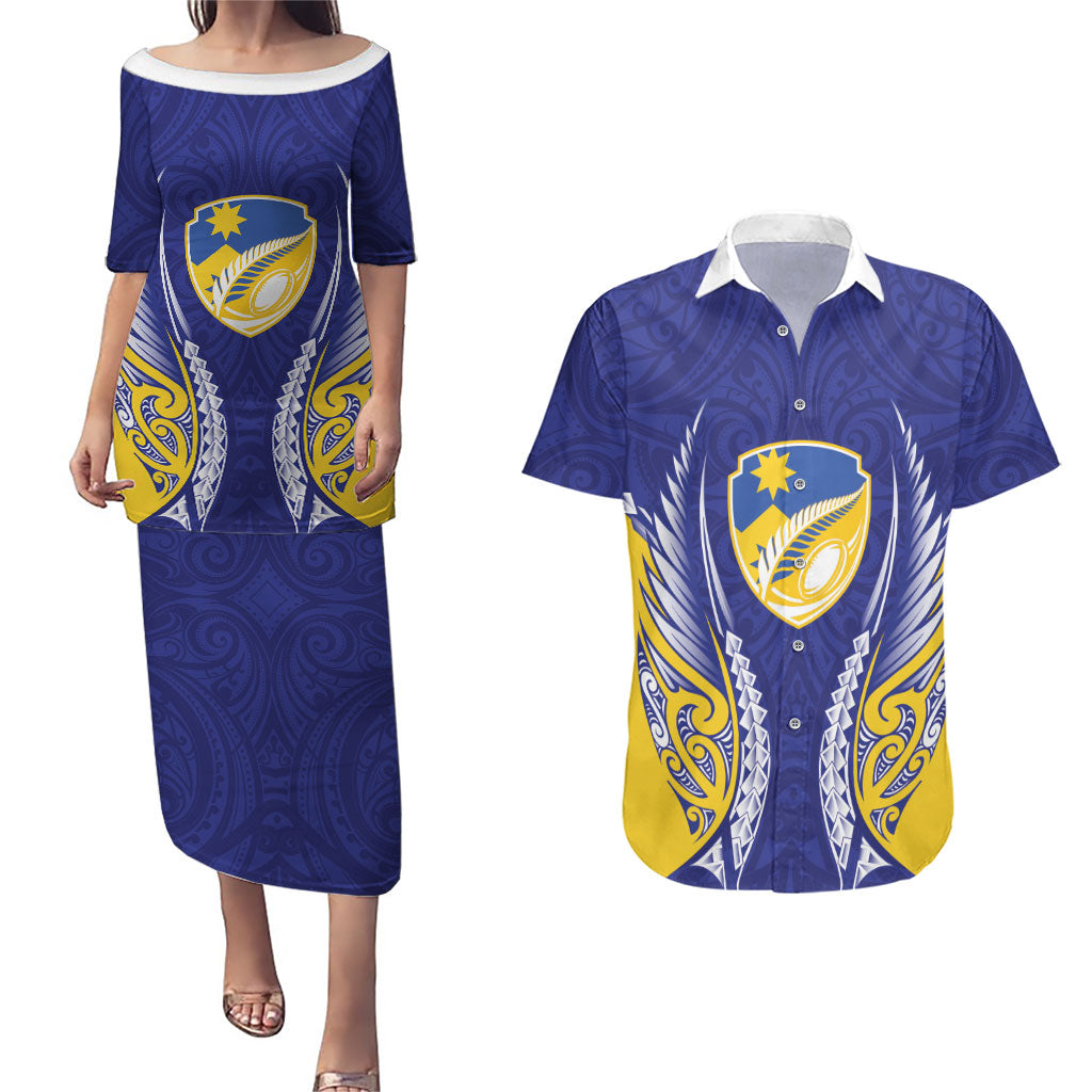 Otago 2026 Rugby Custom Couples Matching Puletasi and Hawaiian Shirt NZ Maori Silver Fern LT14 Blue - Polynesian Pride