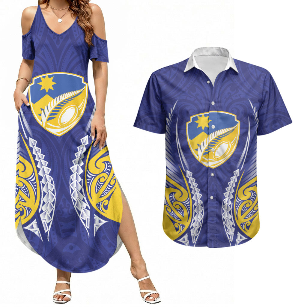 Otago 2026 Rugby Custom Couples Matching Summer Maxi Dress and Hawaiian Shirt NZ Maori Silver Fern LT14 Blue - Polynesian Pride