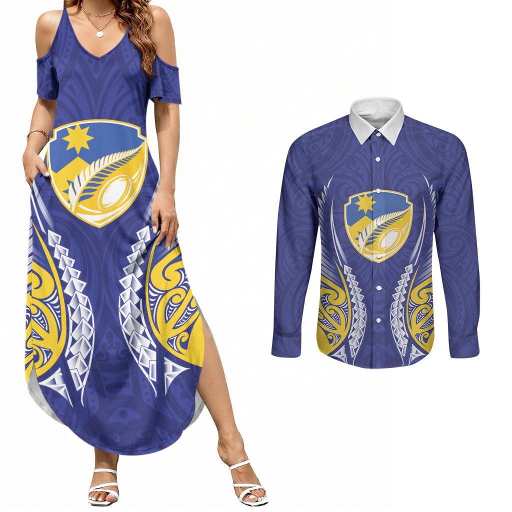 Otago 2026 Rugby Custom Couples Matching Summer Maxi Dress and Long Sleeve Button Shirt NZ Maori Silver Fern LT14 Blue - Polynesian Pride