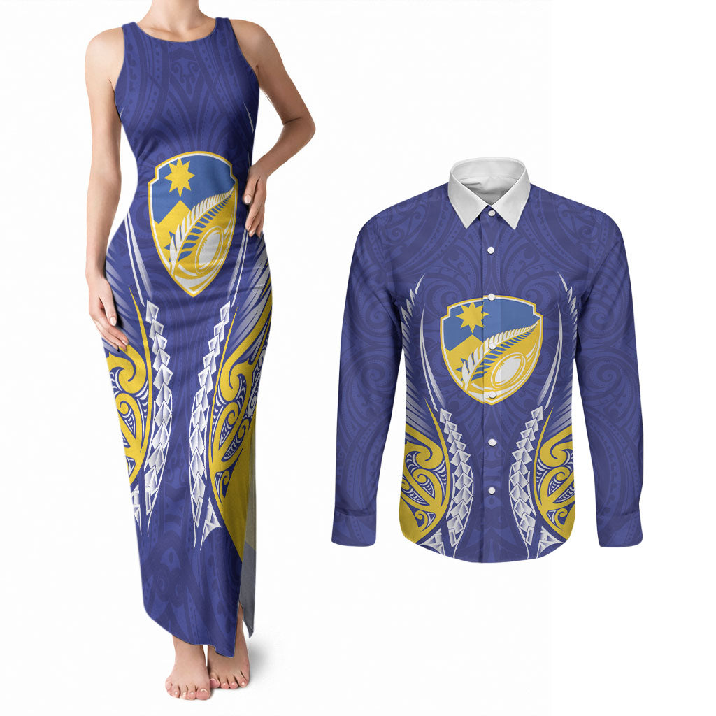 Otago 2026 Rugby Custom Couples Matching Tank Maxi Dress and Long Sleeve Button Shirt NZ Maori Silver Fern LT14 Blue - Polynesian Pride