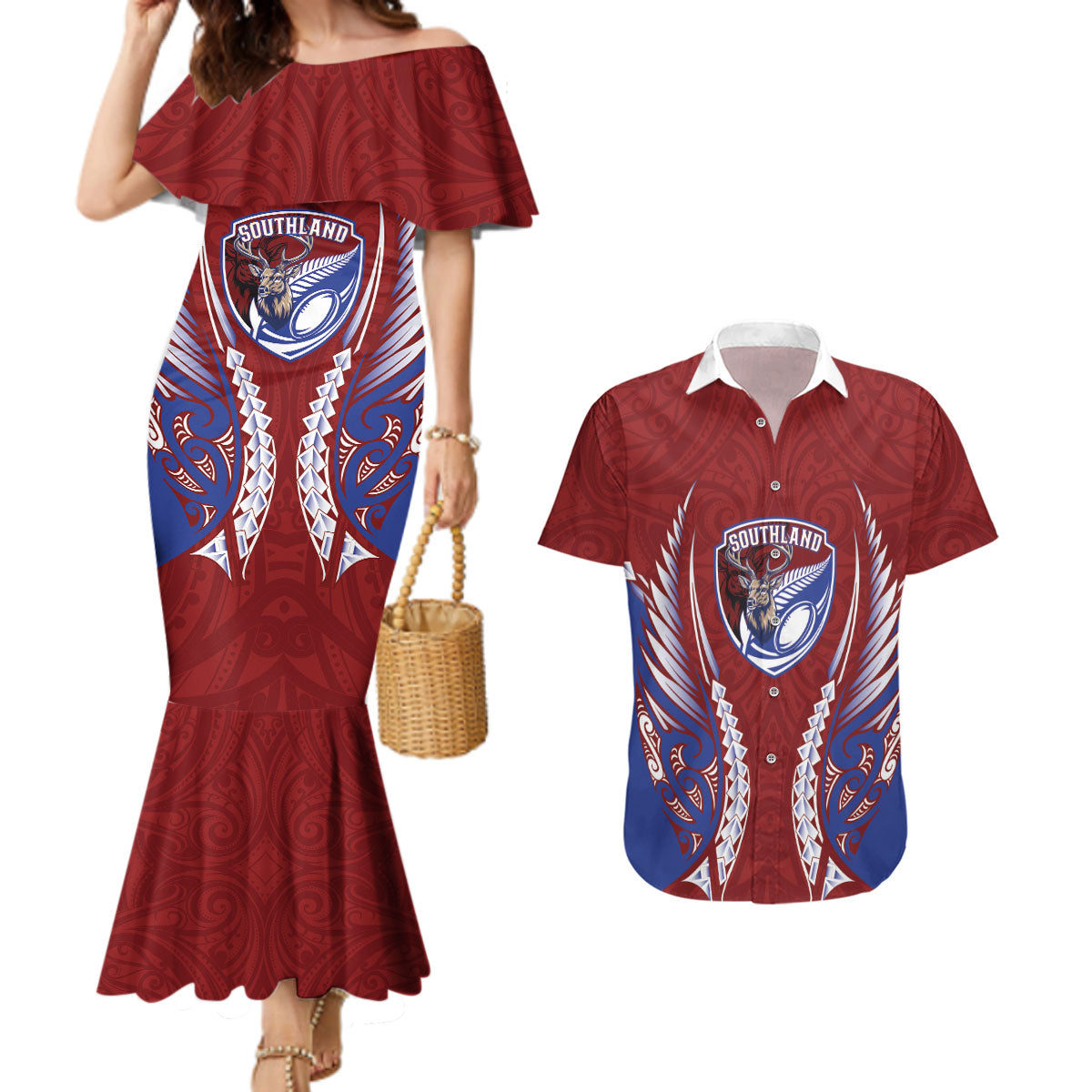 Southland 2026 Rugby Custom Couples Matching Mermaid Dress and Hawaiian Shirt NZ Maori Silver Fern