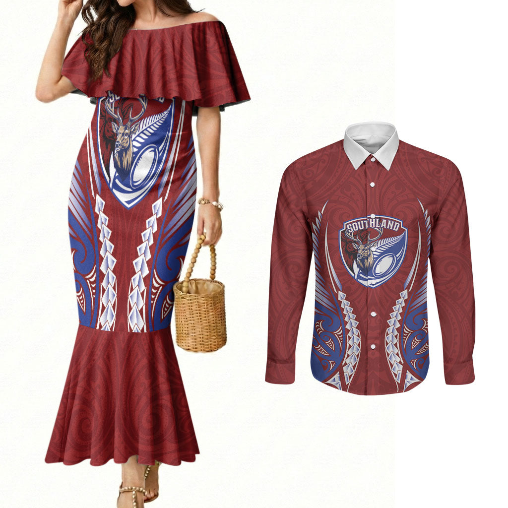 Southland 2026 Rugby Custom Couples Matching Mermaid Dress and Long Sleeve Button Shirt NZ Maori Silver Fern LT14 Maroon - Polynesian Pride