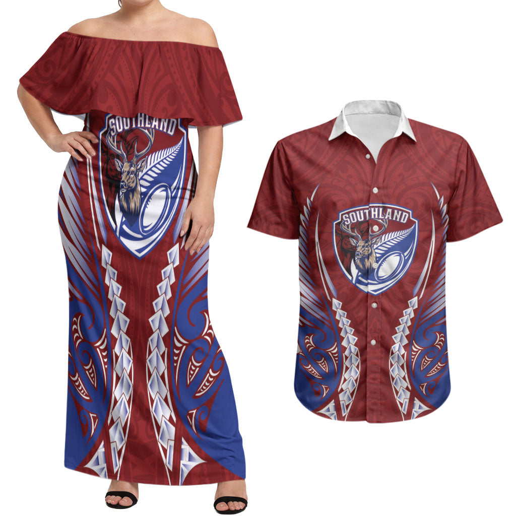 Southland 2026 Rugby Custom Couples Matching Off Shoulder Maxi Dress and Hawaiian Shirt NZ Maori Silver Fern LT14 Maroon - Polynesian Pride