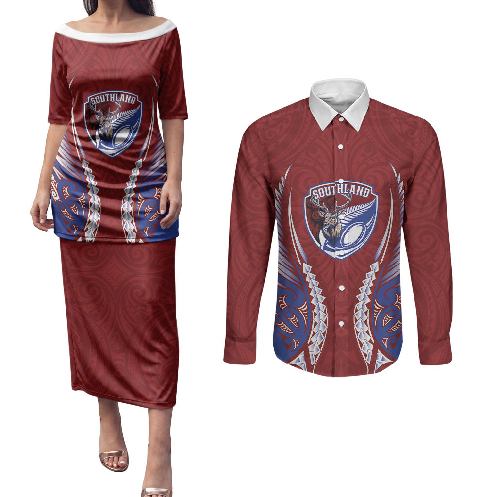 Southland 2026 Rugby Custom Couples Matching Puletasi and Long Sleeve Button Shirt NZ Maori Silver Fern LT14 Maroon - Polynesian Pride