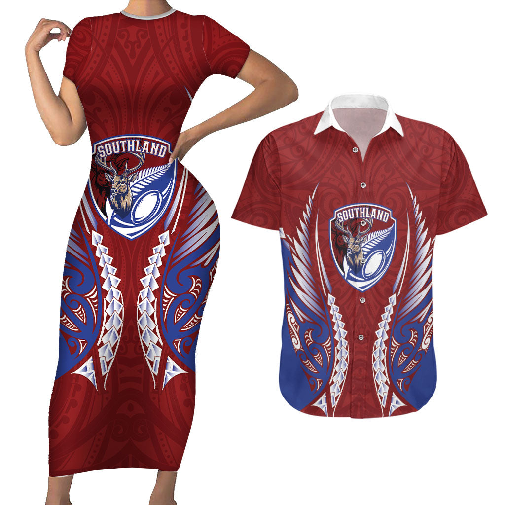 Southland 2026 Rugby Custom Couples Matching Short Sleeve Bodycon Dress and Hawaiian Shirt NZ Maori Silver Fern