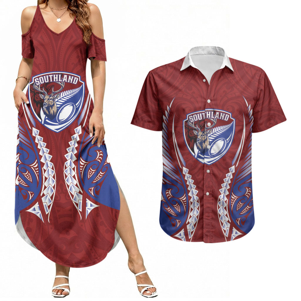 Southland 2026 Rugby Custom Couples Matching Summer Maxi Dress and Hawaiian Shirt NZ Maori Silver Fern LT14 Maroon - Polynesian Pride