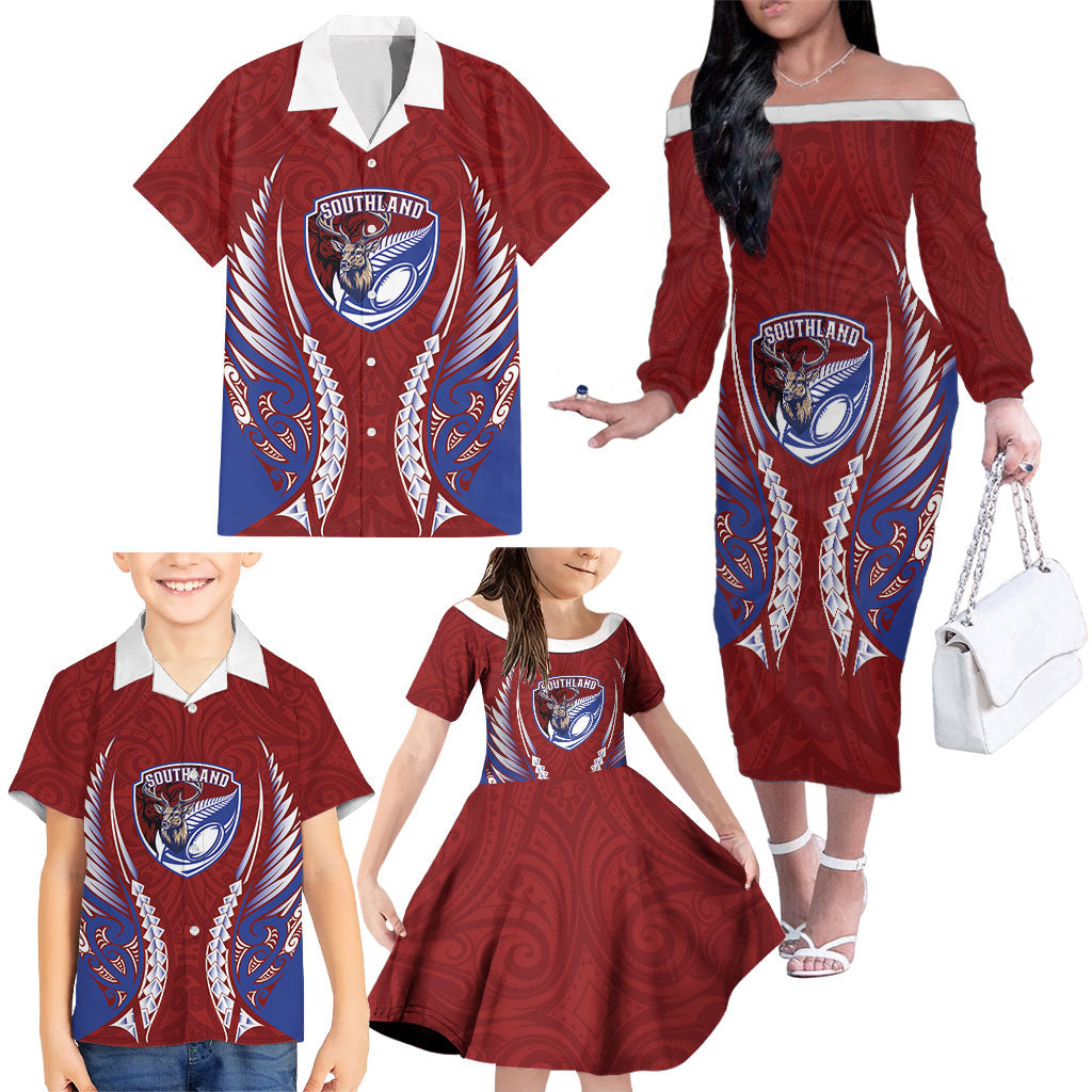 Southland 2026 Rugby Custom Family Matching Off The Shoulder Long Sleeve Dress and Hawaiian Shirt NZ Maori Silver Fern