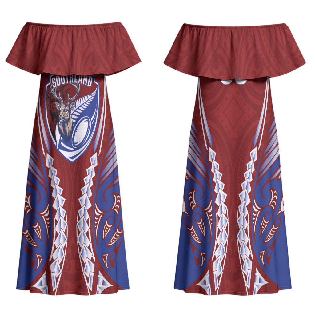 Southland 2026 Rugby Custom Family Matching Off Shoulder Maxi Dress and Hawaiian Shirt NZ Maori Silver Fern LT14 Mom's Dress Maroon - Polynesian Pride
