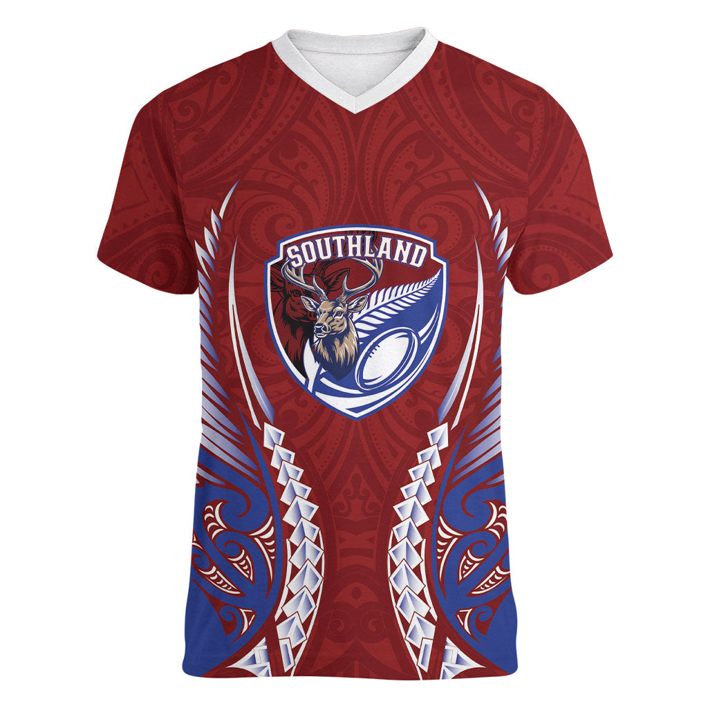 Southland 2026 Rugby Custom Women V-Neck T-Shirt NZ Maori Silver Fern LT14 Female Maroon - Polynesian Pride