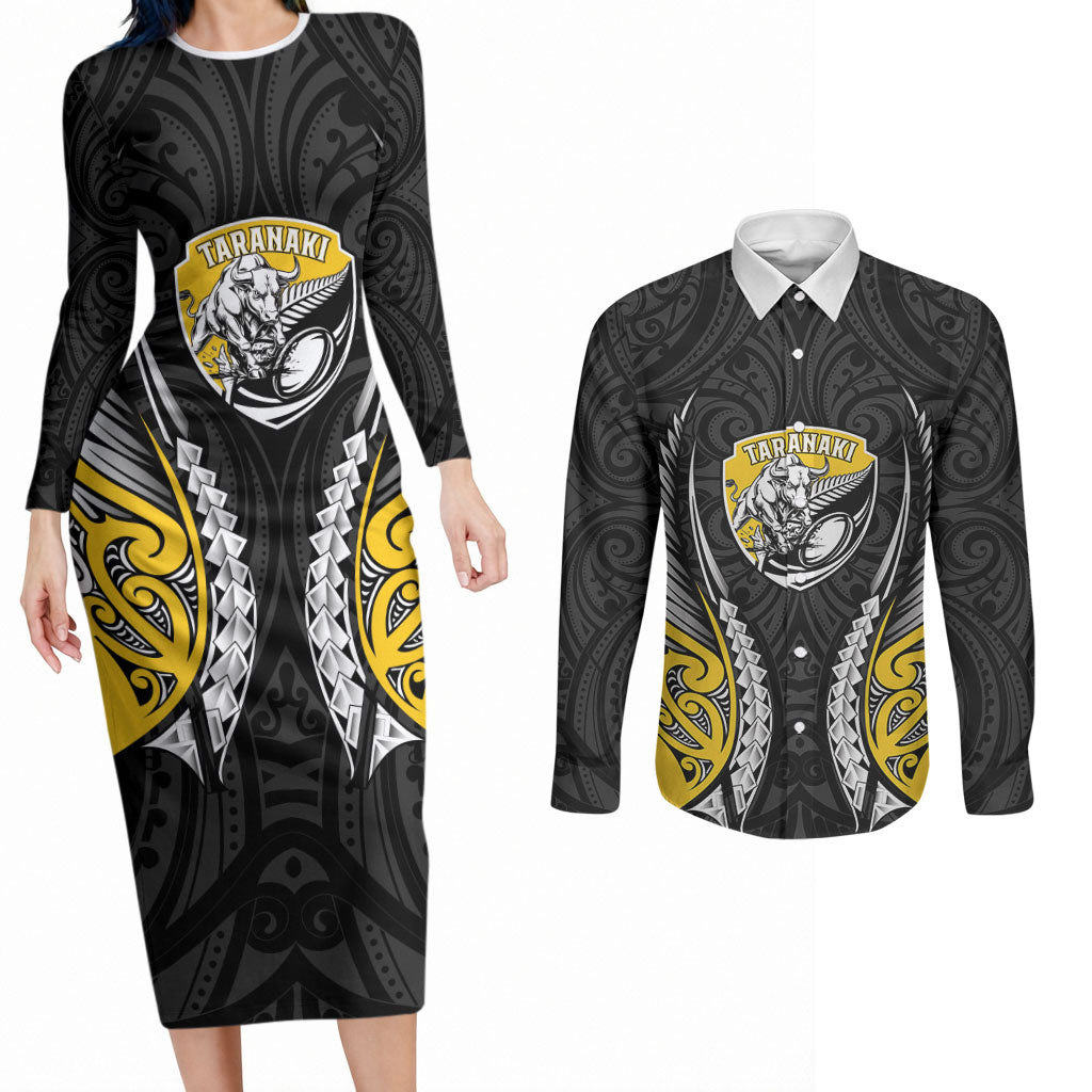 Taranaki 2026 Rugby Custom Couples Matching Long Sleeve Bodycon Dress and Long Sleeve Button Shirt NZ Maori Silver Fern LT14 Black - Polynesian Pride