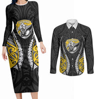 Taranaki 2026 Rugby Custom Couples Matching Long Sleeve Bodycon Dress and Long Sleeve Button Shirt NZ Maori Silver Fern LT14 Black - Polynesian Pride