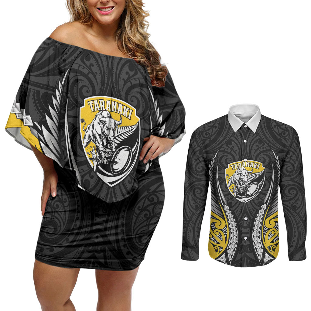 Taranaki 2026 Rugby Custom Couples Matching Off Shoulder Short Dress and Long Sleeve Button Shirt NZ Maori Silver Fern LT14 Black - Polynesian Pride