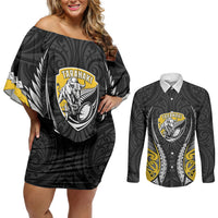 Taranaki 2026 Rugby Custom Couples Matching Off Shoulder Short Dress and Long Sleeve Button Shirt NZ Maori Silver Fern LT14 Black - Polynesian Pride