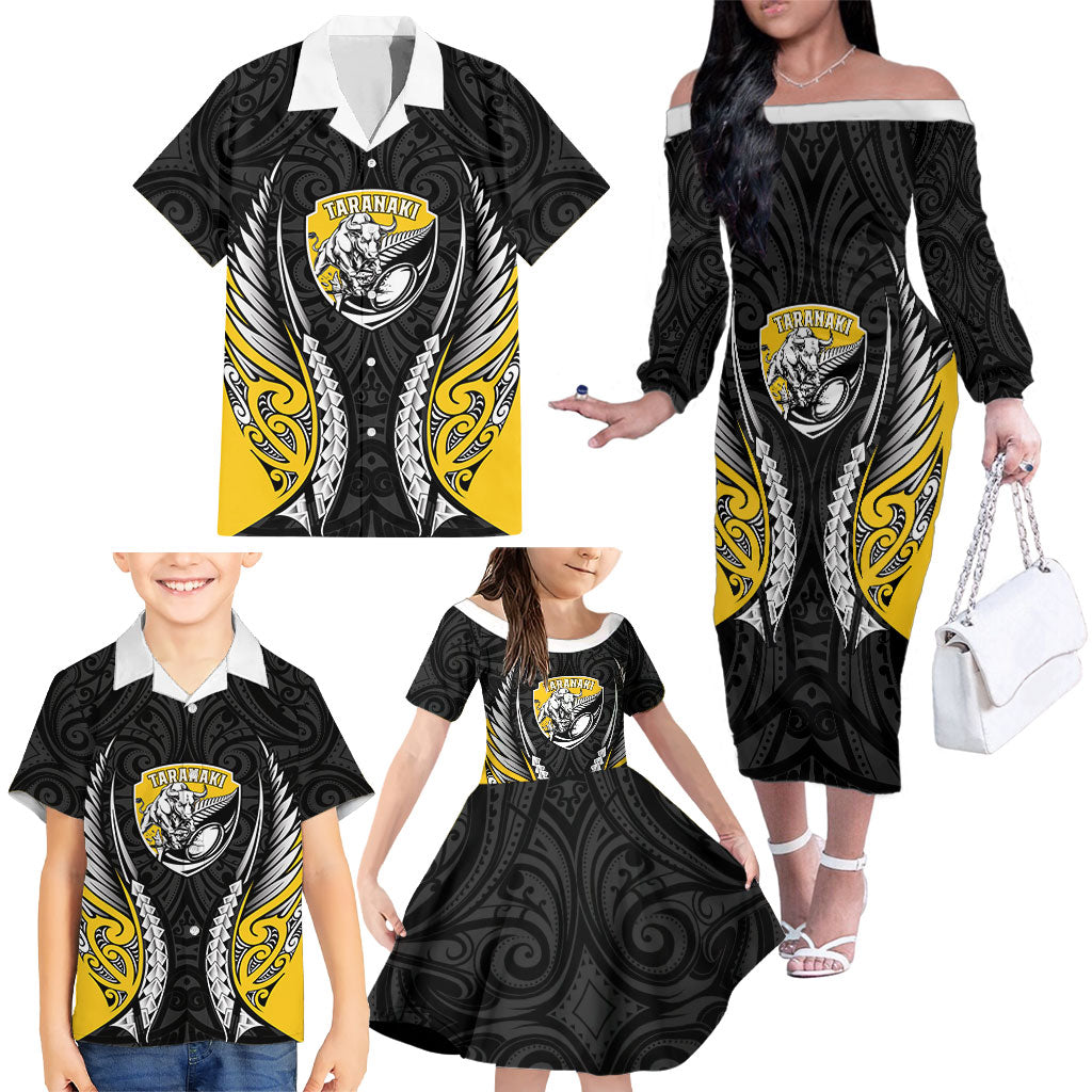 Taranaki 2026 Rugby Custom Family Matching Off The Shoulder Long Sleeve Dress and Hawaiian Shirt NZ Maori Silver Fern