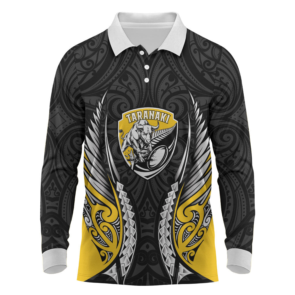 Taranaki 2026 Rugby Custom Long Sleeve Polo Shirt NZ Maori Silver Fern LT14 Black - Polynesian Pride