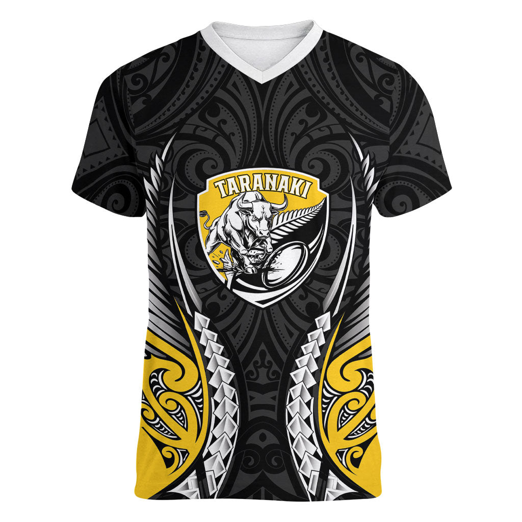 Taranaki 2026 Rugby Custom Women V-Neck T-Shirt NZ Maori Silver Fern LT14 Female Black - Polynesian Pride