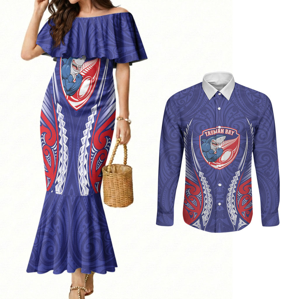 Tasman Bay 2026 Rugby Custom Couples Matching Mermaid Dress and Long Sleeve Button Shirt NZ Maori Silver Fern LT14 Blue - Polynesian Pride