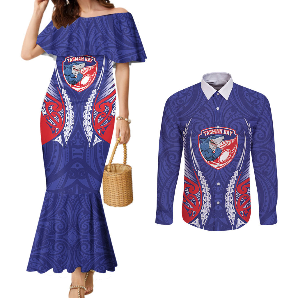 Tasman Bay 2026 Rugby Custom Couples Matching Mermaid Dress and Long Sleeve Button Shirt NZ Maori Silver Fern LT14 Blue - Polynesian Pride