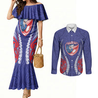 Tasman Bay 2026 Rugby Custom Couples Matching Mermaid Dress and Long Sleeve Button Shirt NZ Maori Silver Fern LT14 Blue - Polynesian Pride
