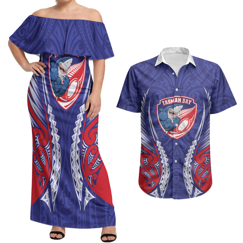 Tasman Bay 2026 Rugby Custom Couples Matching Off Shoulder Maxi Dress and Hawaiian Shirt NZ Maori Silver Fern LT14 Blue - Polynesian Pride