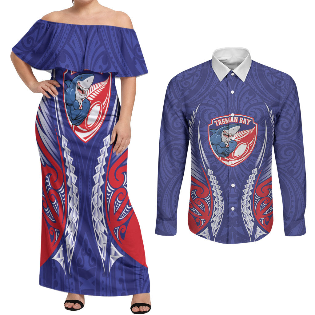Tasman Bay 2026 Rugby Custom Couples Matching Off Shoulder Maxi Dress and Long Sleeve Button Shirt NZ Maori Silver Fern LT14 Blue - Polynesian Pride
