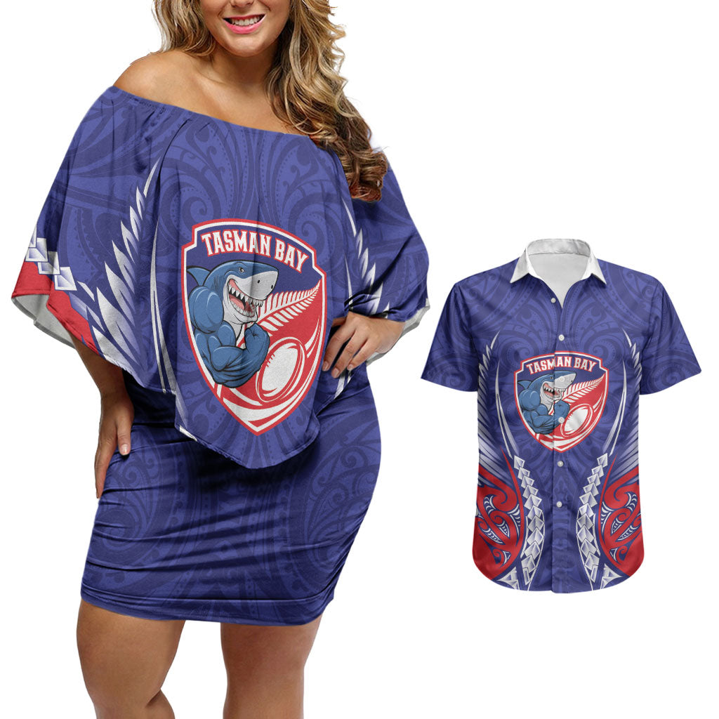 Tasman Bay 2026 Rugby Custom Couples Matching Off Shoulder Short Dress and Hawaiian Shirt NZ Maori Silver Fern LT14 Blue - Polynesian Pride