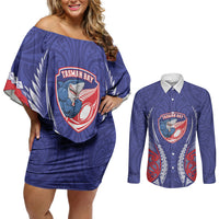 Tasman Bay 2026 Rugby Custom Couples Matching Off Shoulder Short Dress and Long Sleeve Button Shirt NZ Maori Silver Fern LT14 Blue - Polynesian Pride