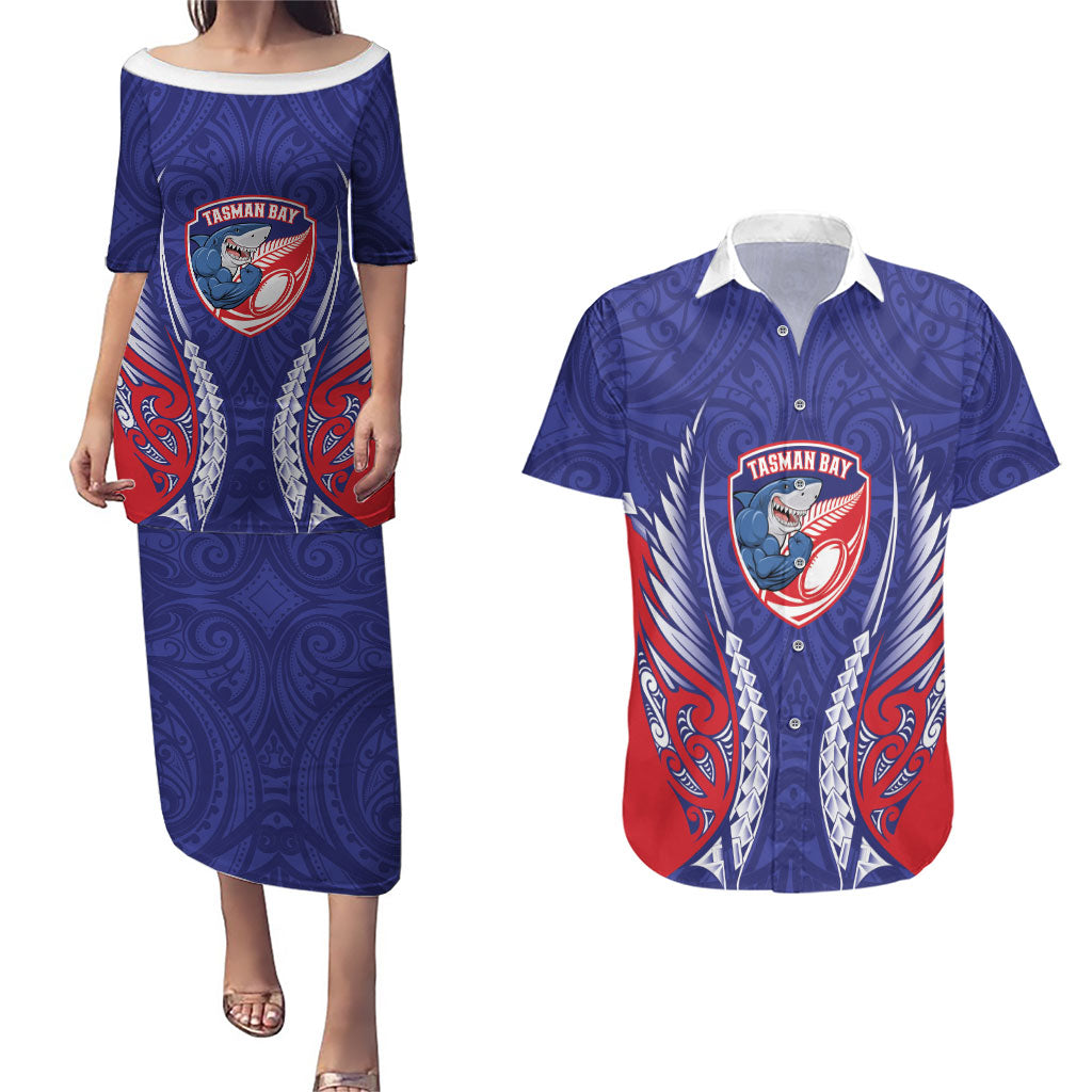 Tasman Bay 2026 Rugby Custom Couples Matching Puletasi and Hawaiian Shirt NZ Maori Silver Fern LT14 Blue - Polynesian Pride