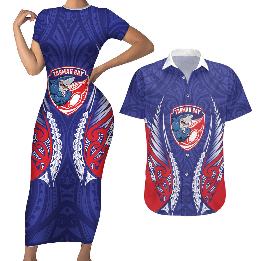 Tasman Bay 2026 Rugby Custom Couples Matching Short Sleeve Bodycon Dress and Hawaiian Shirt NZ Maori Silver Fern