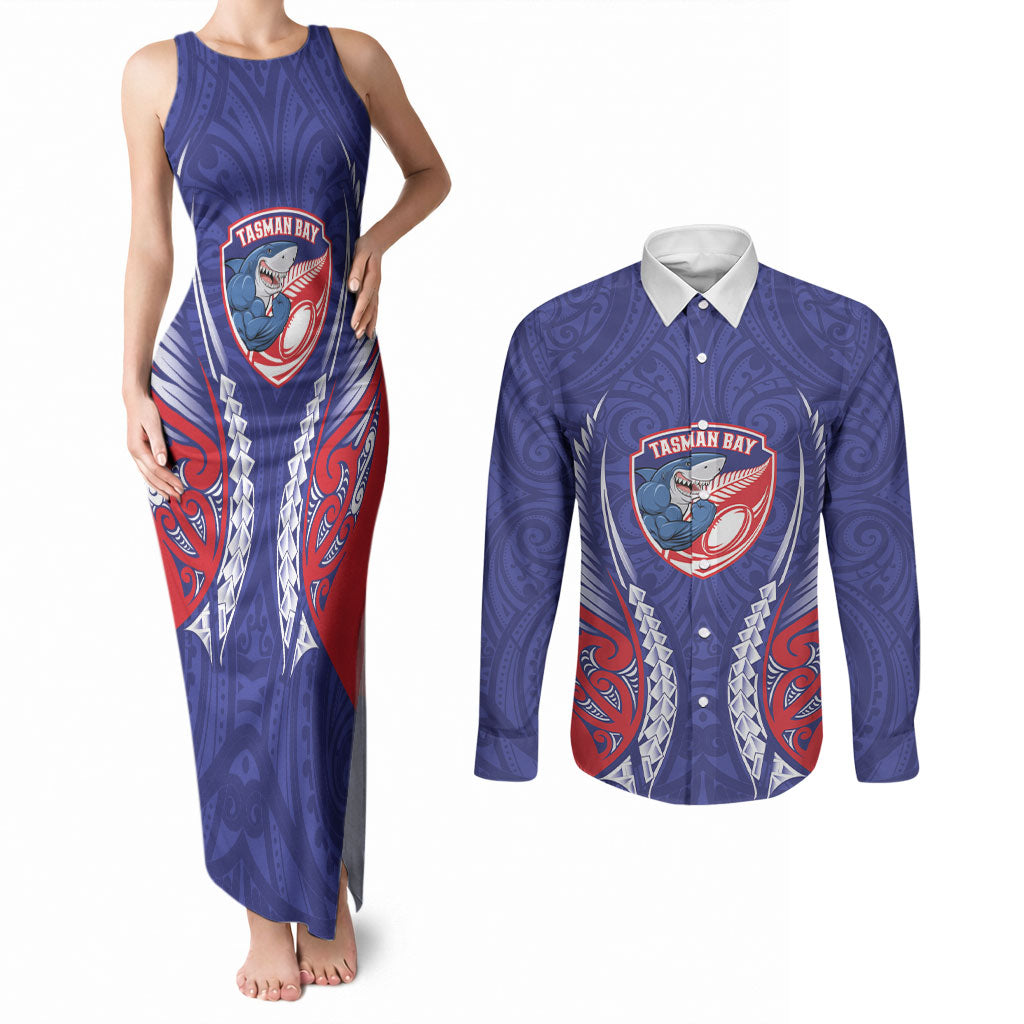 Tasman Bay 2026 Rugby Custom Couples Matching Tank Maxi Dress and Long Sleeve Button Shirt NZ Maori Silver Fern LT14 Blue - Polynesian Pride