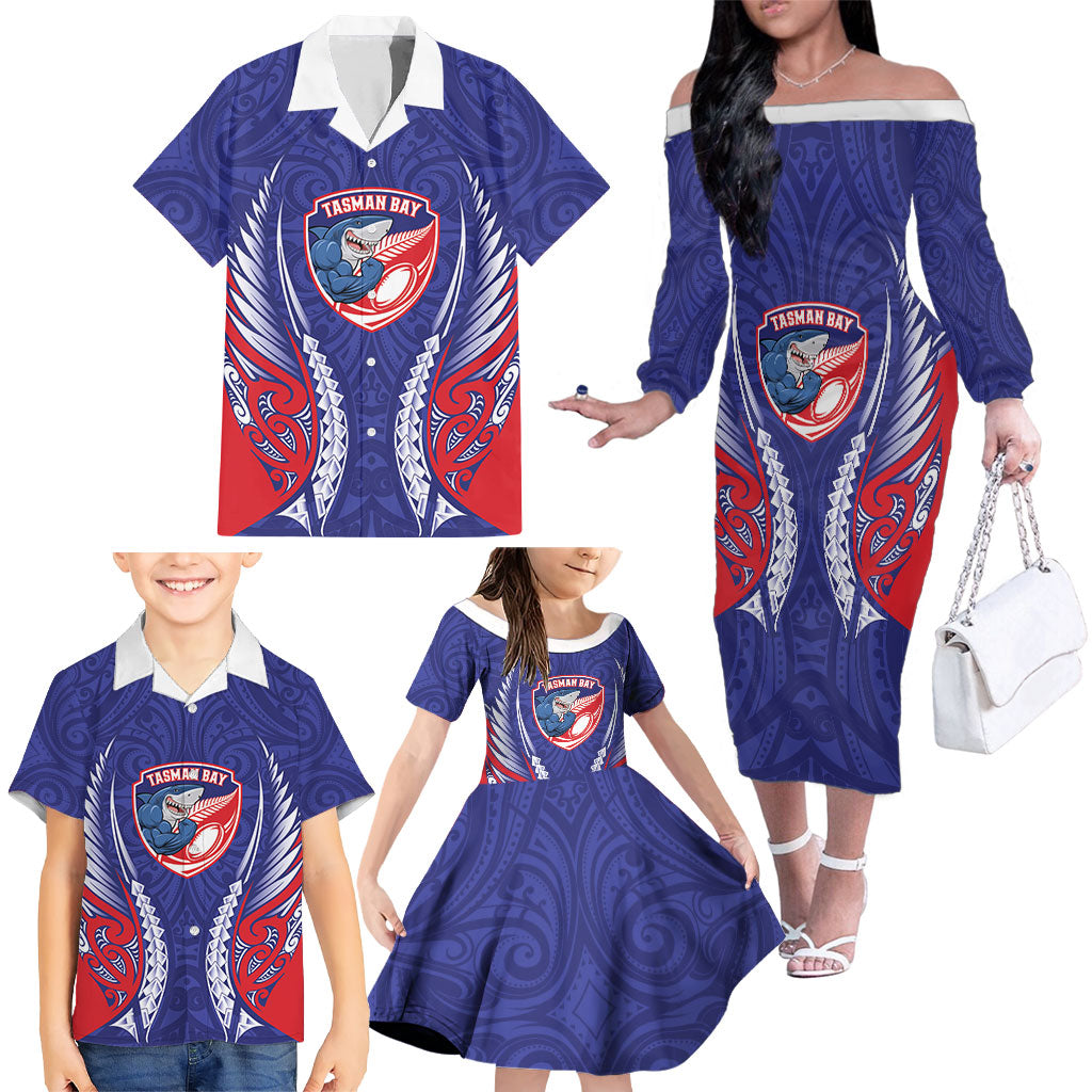 Tasman Bay 2026 Rugby Custom Family Matching Off The Shoulder Long Sleeve Dress and Hawaiian Shirt NZ Maori Silver Fern LT14 - Polynesian Pride