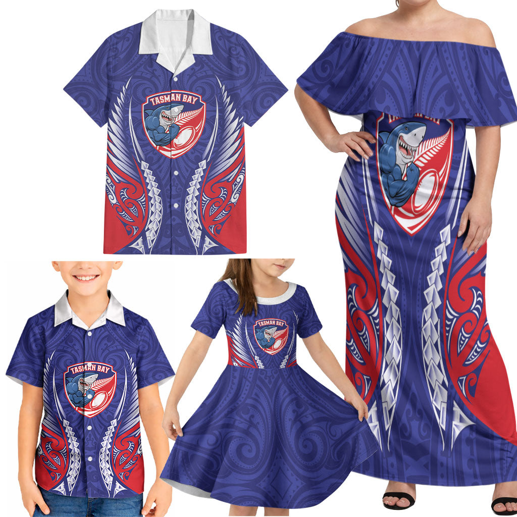 Tasman Bay 2026 Rugby Custom Family Matching Off Shoulder Maxi Dress and Hawaiian Shirt NZ Maori Silver Fern LT14 - Polynesian Pride