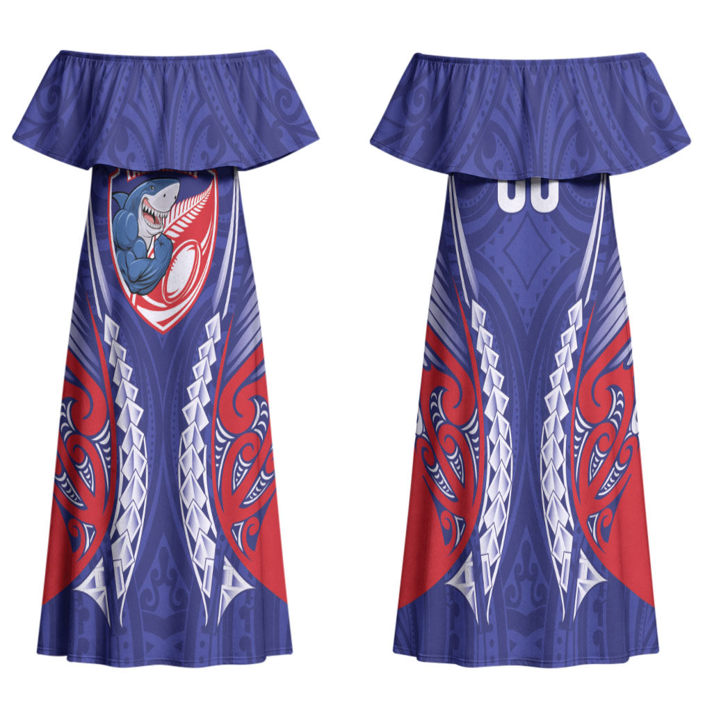Tasman Bay 2026 Rugby Custom Family Matching Off Shoulder Maxi Dress and Hawaiian Shirt NZ Maori Silver Fern LT14 Mom's Dress Blue - Polynesian Pride