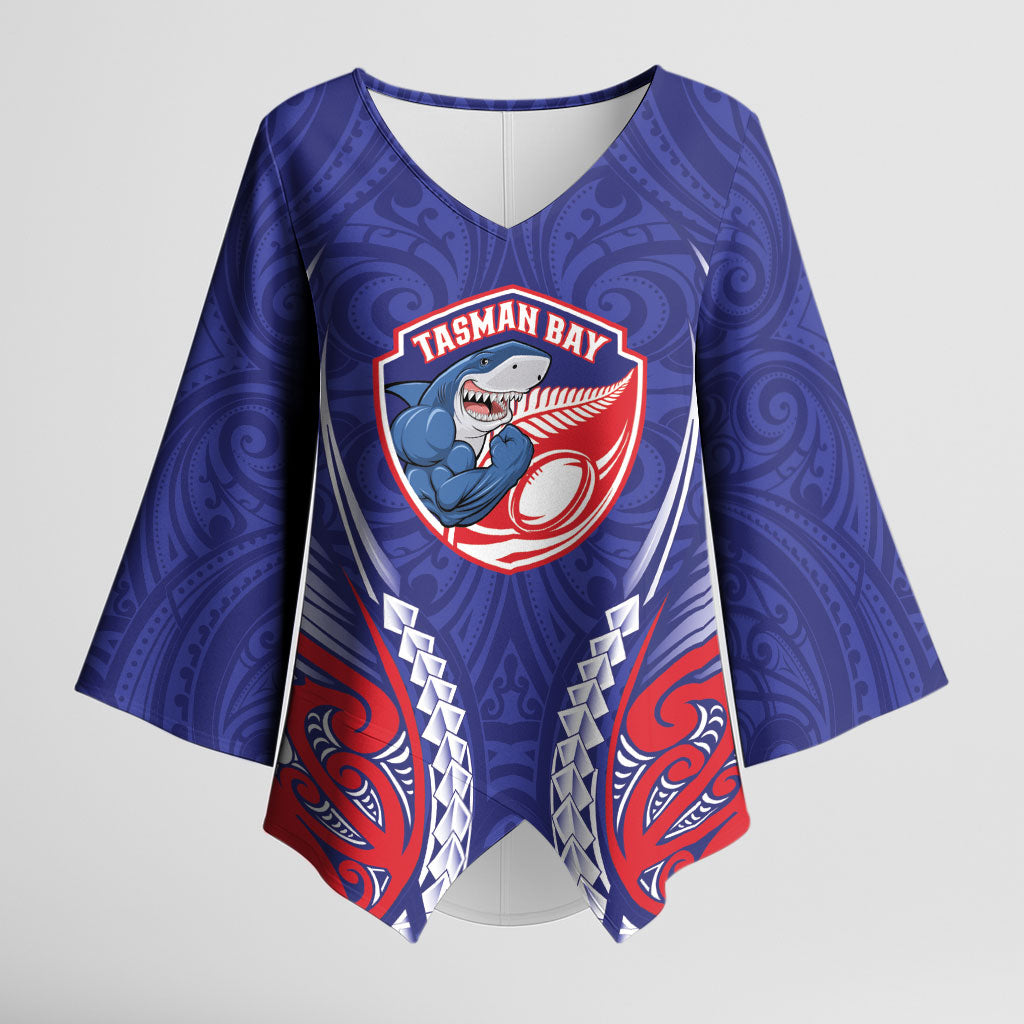 Tasman Bay 2026 Rugby Custom Kimono Sleeve Blouse NZ Maori Silver Fern LT14 Female Blue - Polynesian Pride