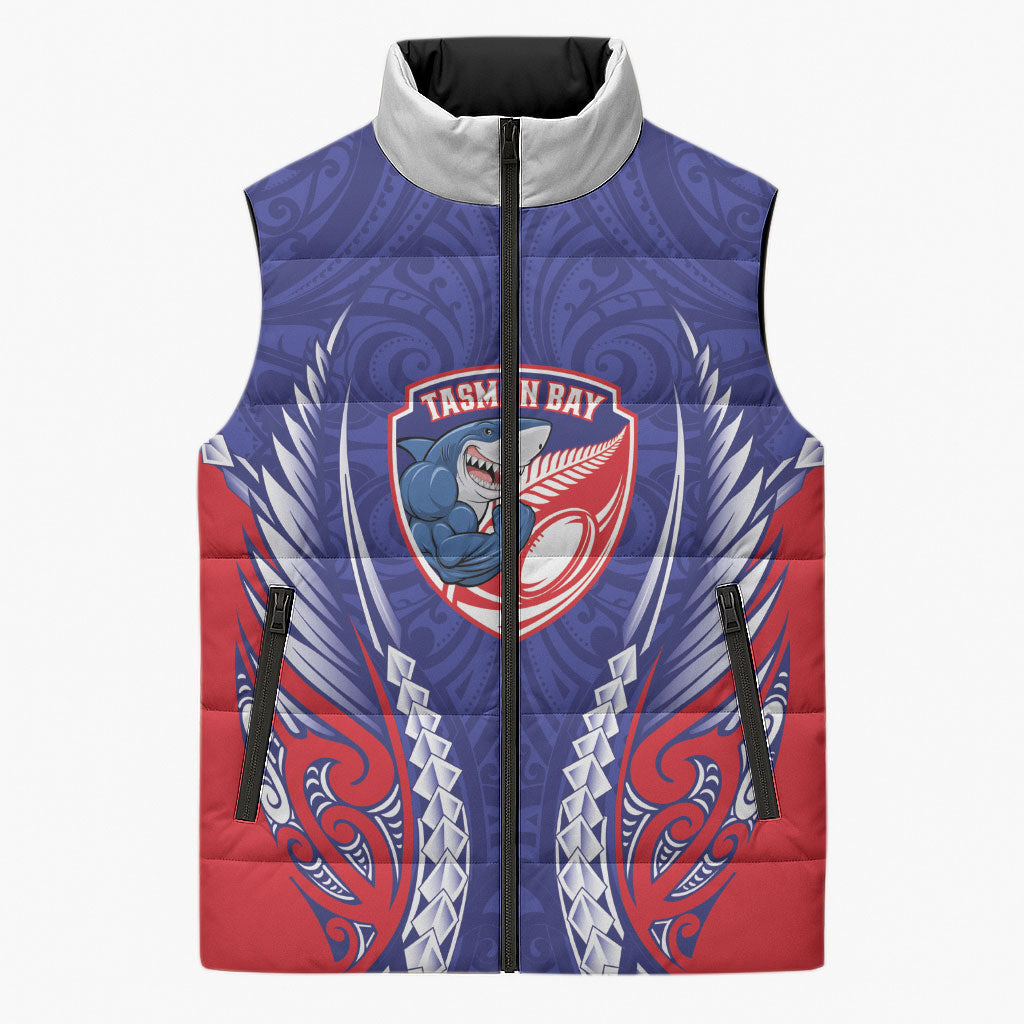 Tasman Bay 2026 Rugby Custom Sleeveless Puffer Jacket NZ Maori Silver Fern LT14 Unisex Blue - Polynesian Pride