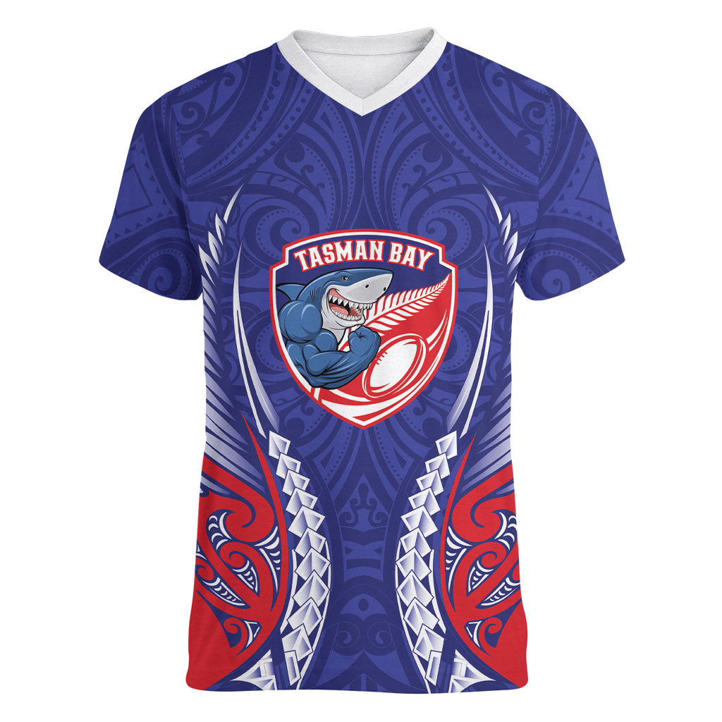 Tasman Bay 2026 Rugby Custom Women V-Neck T-Shirt NZ Maori Silver Fern LT14 Female Blue - Polynesian Pride